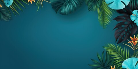Fototapeta na wymiar Tropical plants frame background with blue blank space for text on blue background, top view. Flat lay style. ,copy Space flat design vector illustration