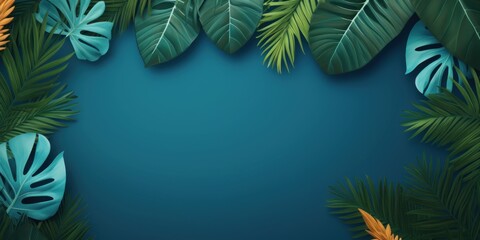 Tropical plants frame background with blue blank space for text on blue background, top view. Flat lay style. ,copy Space flat design vector illustration