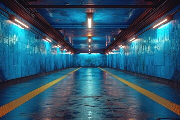 An empty underground blue room with bare walls and lighting metro - obrazy, fototapety, plakaty