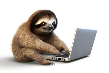 Obraz premium Relaxed Sloth Using Laptop isolated on white background