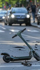 Detailed close up of a crashed electric scooter on the road highlighting the impact of the accident - obrazy, fototapety, plakaty