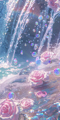 Iridescent Waterfall with Sparkles and Pink Roses