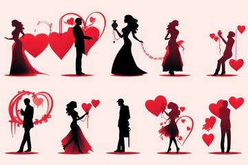 A collection of silhouettes of people holding hands and hearts