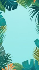 Fototapeta na wymiar Tropical plants frame background with cyan blank space for text on cyan background, top view. Flat lay style. ,copy Space flat design vector illustration