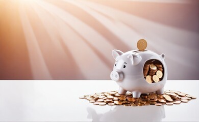 A piggy bank being filled with coins, copy space