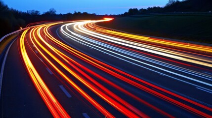 Urban night traffic with blurred car lights in high speed on illuminated highway, light trails - obrazy, fototapety, plakaty