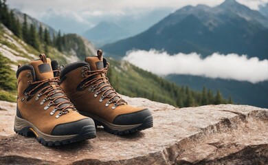 A pair of hiking boots on a mountain trail