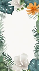 Fototapeta na wymiar Tropical plants frame background with gray blank space for text on gray background, top view. Flat lay style. ,copy Space flat design vector illustration