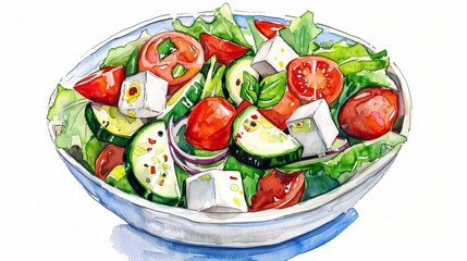 Fresh and colorful greek salad bowl with crisp vegetables and feta cheese - vibrant watercolor illustration on white background