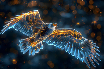 Fantasy Flying Eagle with particle effect Indigo and gold color tone.
Glowing flame flying Eagle in...