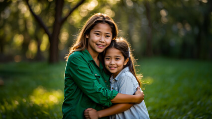 Fototapeta premium Comfort in Color: Warm and Gentle Hug from sister, Set Against a Serene Green Outdoor Background
