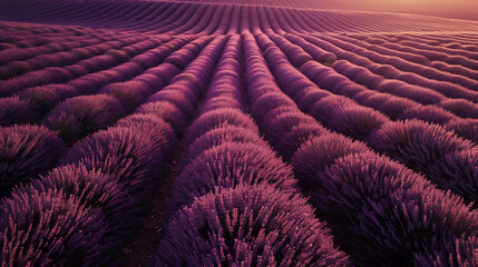 Fototapeta premium An aerial view of a lavender field during sunset, showcasing patterns of lavender rows with the setting sun casting long shadows, Generative AI