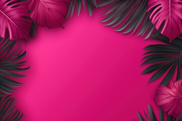 Fototapeta na wymiar Tropical plants frame background with magenta blank space for text on magenta background, top view. Flat lay style