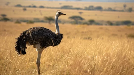 Tuinposter Side profile of female ostrich standing in dry grass  © Ashley