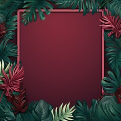 Fototapeta na wymiar Tropical plants frame background with maroon blank space for text on maroon background, top view. Flat lay style. ,copy Space