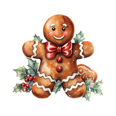 Smiling Watercolor Gingerbread Man with Holly Decor Isolated on Transparent Background.