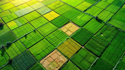 Scenic aerial view of rural landscape with green fields, agricultural farm, and natural background