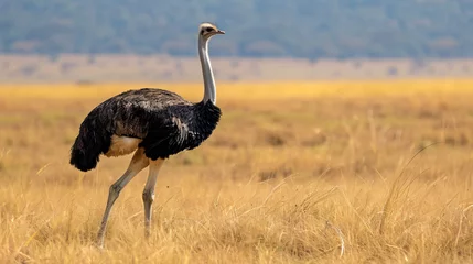Zelfklevend Fotobehang Side profile of female ostrich standing in dry grass  © Ashley