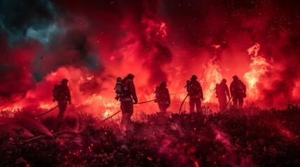 Silhouette of brave firefighters, heroic fire men tackle catastrophic fire under ominous sky. Dramatic scene. - obrazy, fototapety, plakaty