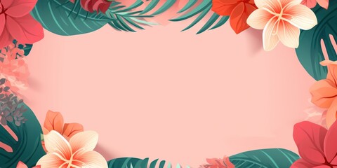 Tropical plants frame background with coral blank space for text on coral background, top view. Flat lay style. ,copy Space flat design vector illustration