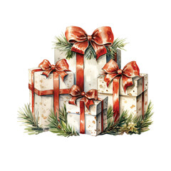 Hand-Painted Watercolor Christmas Gifts with Red Ribbons Isolated on Transparent Background.