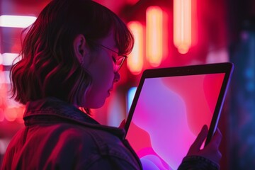 App display looking over a shoulder of a mature woman holding a tablet with a completely neon screen