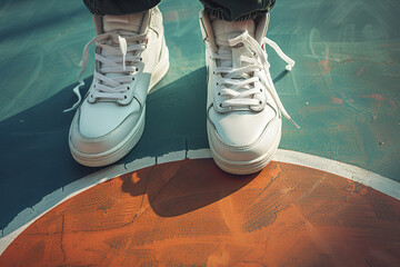 Standing on a basketball court, focus on white sneakers.