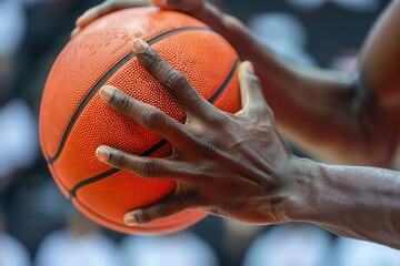 Close-up of a basketball in the hands of a player, with focus on the textured surface.