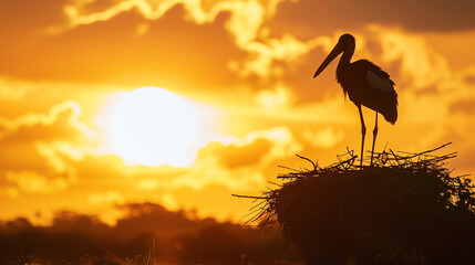 Silhouette of a Jabiru Stork Standing on its Nest in P