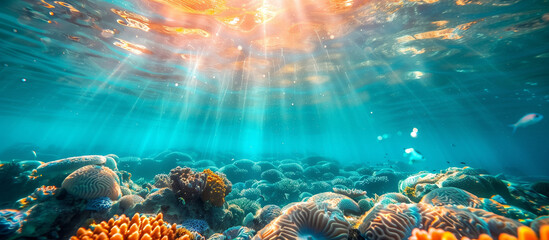 underwater scene with reef and fishes, sunrays