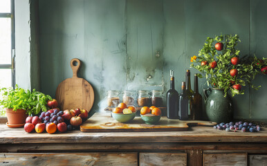 Rural still life with fruit harvest from own garden on kitchen wooden table, front view