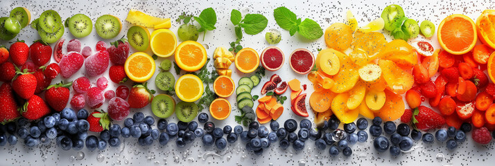 Sliced fruits and berries banner, top view - 785465695