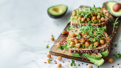 Vegan sandwich with avocado, chickpeas and microgreen sprouts - 785465813