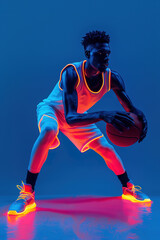 Basketball player posing with a neon glow on a dark background.