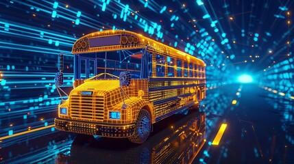 digital school bus with binary code, integration of artificial intelligence into student transportation systems, route optimization algorithms, safety monitoring mechanisms, school bus management.  - obrazy, fototapety, plakaty