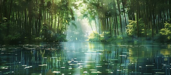 Lake frames by a dense bamboo forest © sssimone