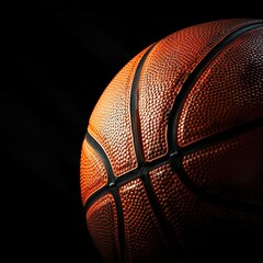 Close-up of a textured basketball on a dark background with dramatic lighting.