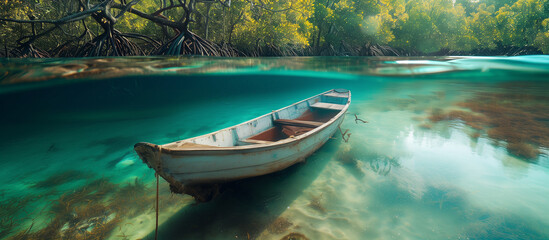 Fishing boat on the crystal clear river