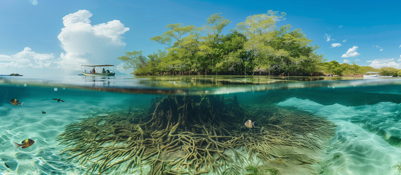 Underwater view of mangrove roots