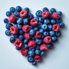 Fresh, ripe blueberries and raspberries arranged in a heart shape on a white background.