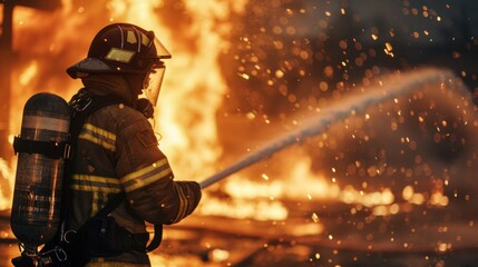 Image of brave, heroic firefighter extinguishes, spraying water burning flames rising from building. - obrazy, fototapety, plakaty