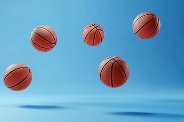 Multiple basketballs frozen in midair against a clear blue sky.
