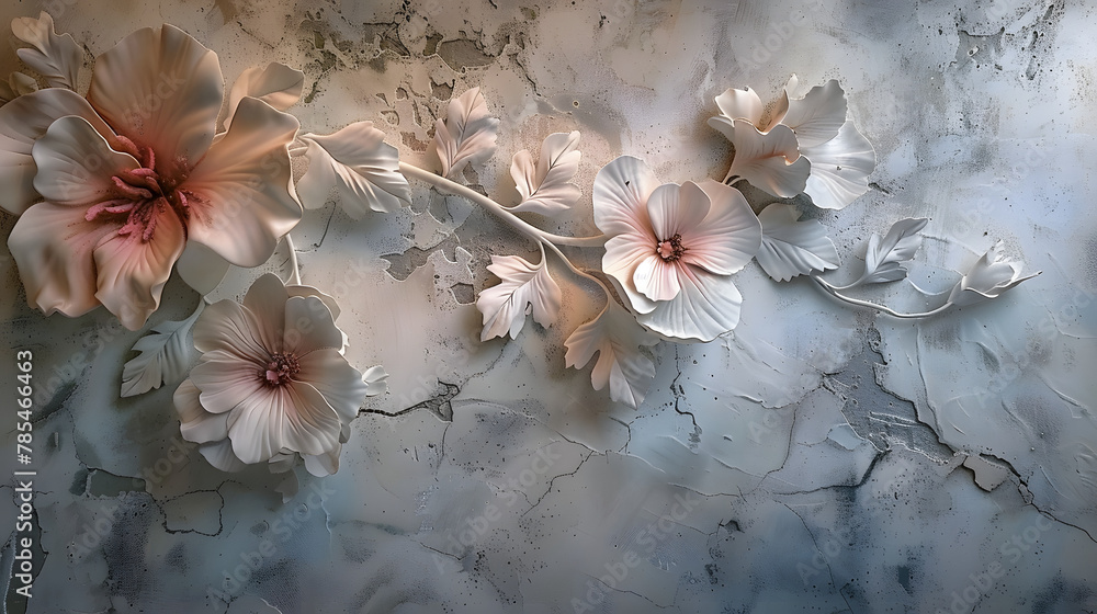 Canvas Prints Light decorative texture of plaster wall with volumetric decorative flowers.