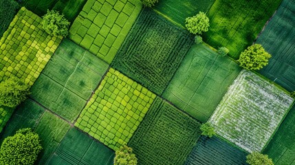Scenic aerial vista of lush rural landscape with sprawling green fields and agricultural farmland - obrazy, fototapety, plakaty
