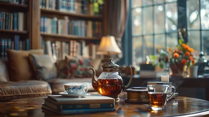 Keuken spatwand met foto In the tranquility of a library's reading nook, a vintage coffee pot stands poised atop a mahogany table, © ahmad