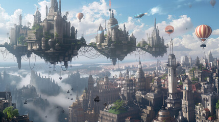 Enchanted Metropolis Adorned with Hovering Isles and Sky Vessels