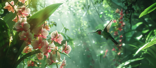 Tropical orchid garden and colibri bird