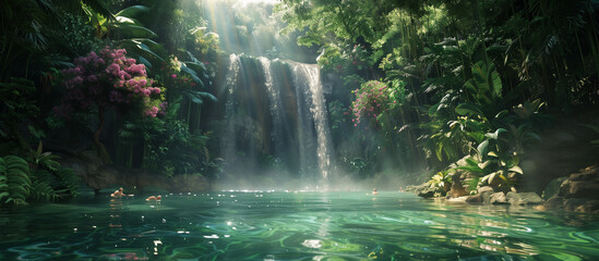 Majestic waterfall cascade in the jungle