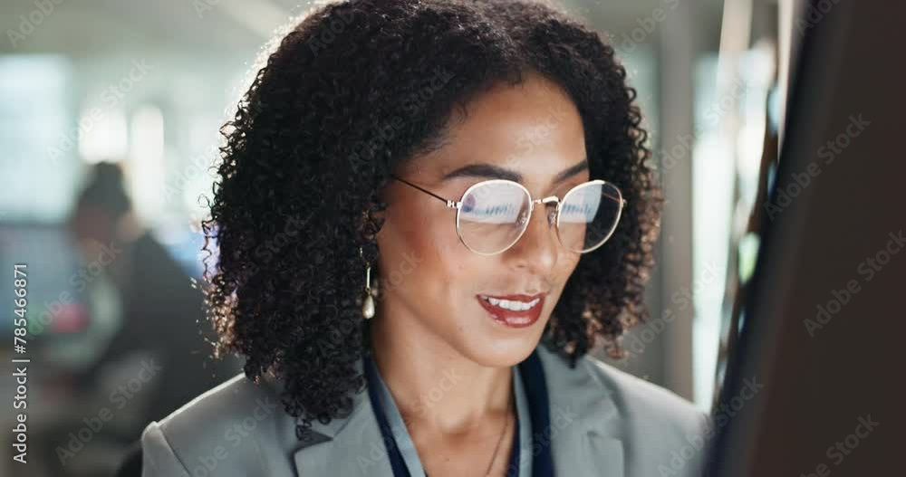 Aufkleber corporate, business woman and computer with digital planning for administration work at company. job