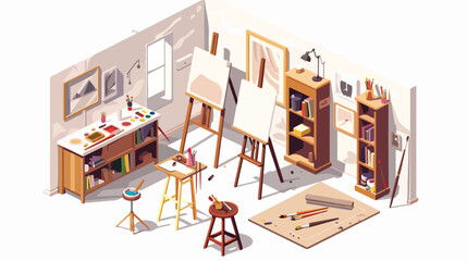 Modern painter artist workshop room with canvas easel
